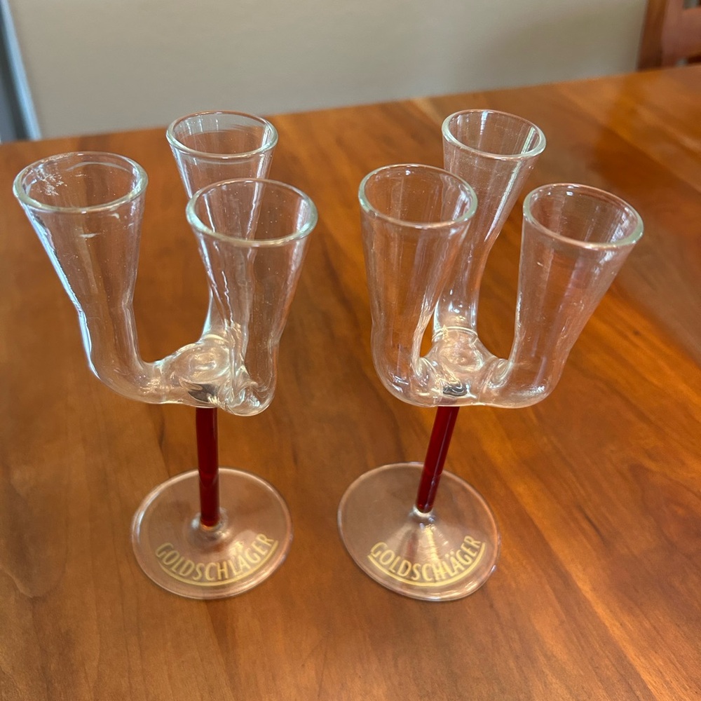 PR Goldschlanger Shot Glass Triple Flute Barware Red Stem Cordial Swiss Vintage